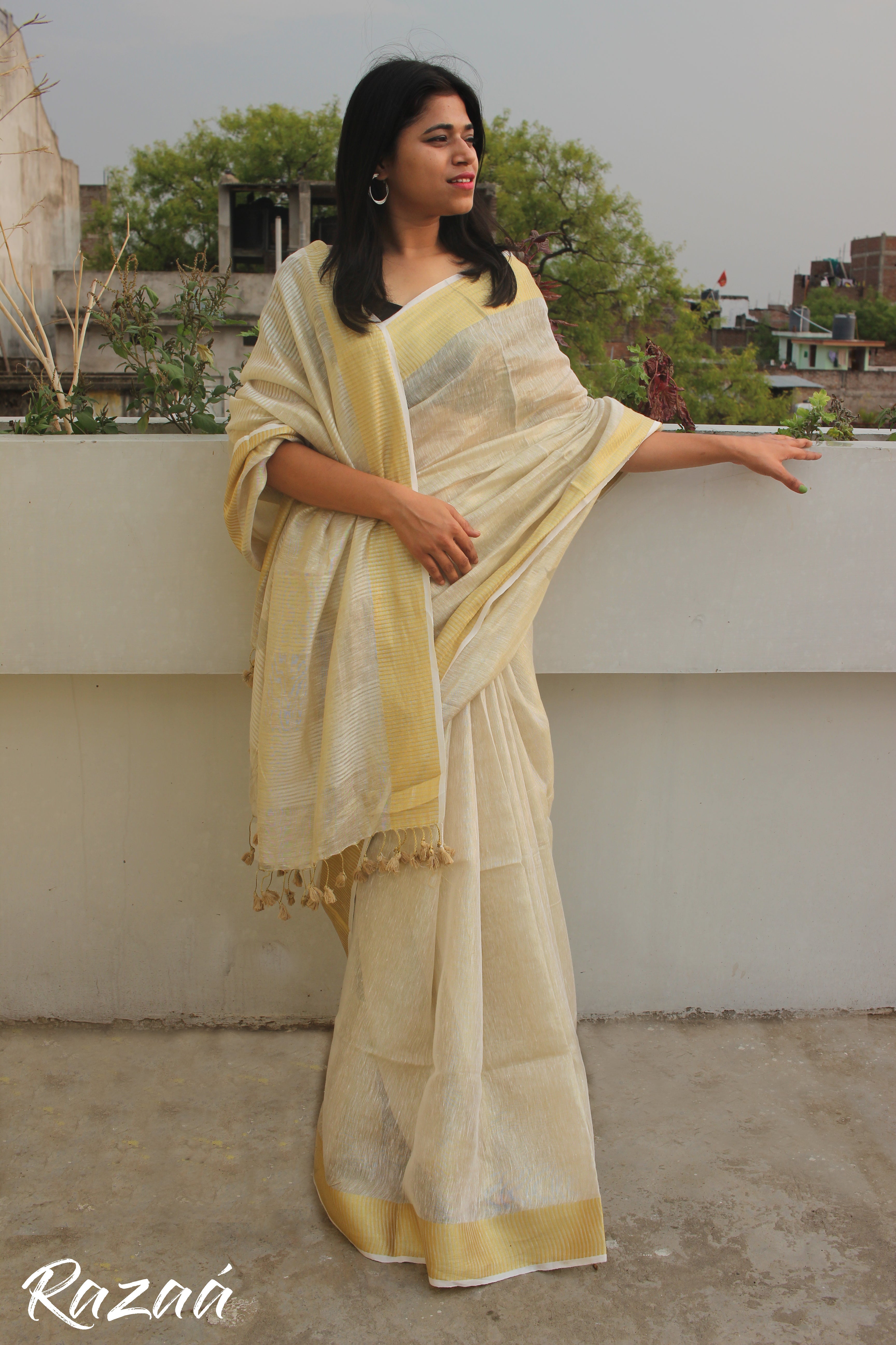 Off White Tissue Linen Saree with ...